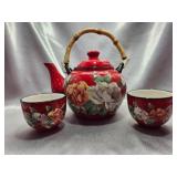 Pier 1 Red Floral Teapot & Cups w/ Bamboo
