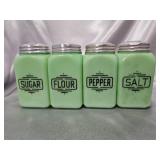 Four Green Milk Glass Canisters w/ Lids
