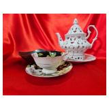 Bone China Cup & Saucer w/ Metal Tea Warmer
