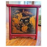 Pair ï¿½ Red Cabinet w/ Asian Motif