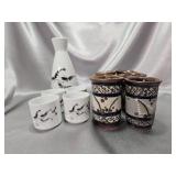 Ceramic Sake Set w/ Painted Decor & Marked Base