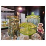 Green Glass and Decorative Ceramic Figures