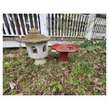 Stone Lantern and Cast Iron Bird Bath Set