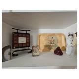 Lot Featuring Clock, Figurines, & Bamboo Tray