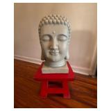 Carved Buddha Head Sculpture & Red Stand