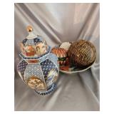 Japanese Kutani Vase with Lid and Plate Set