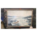 Oil on Board: Rowboats on Water Scene
