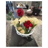 White Basket With Artificial Floral Arrangement