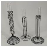 (3) Vintage bud vases with unique wire frames, des
