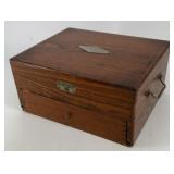 Antique wooden, lidded, jewelry box with metal cla