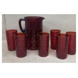 Pitcher and Hobnail, Ruby, red glasses