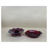 Royal, Ruby, footed candle holder and leaf dish