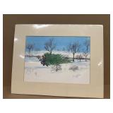 Painting of kids hauling Christmas tree signed