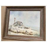 Painting on canvas, framed house and lighthouse