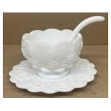 Milk, glass condiment dish with spoon