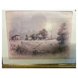 Framed print of house and shed