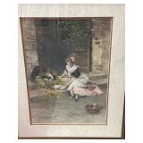 Print of girl feeding cats