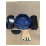Porcelain strainer, knife holder, and pans