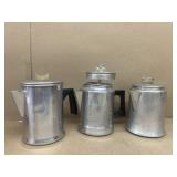 (3) aluminum coffee pots