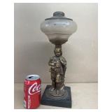 Decorative oil, lamp, base boy holding cat