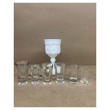 Milk glass goblet and shot glasses