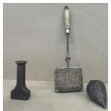 Antique soap dish, plumb Bob, & iron tool