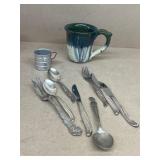Stoneware pottery mug, miniature aluminum m