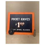 Pocket knives, advertising cardboard, sign,