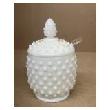 Fenton hobnail milk, glass jam jar