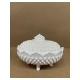 Fenton footed, hob nail milk, glass candy dish