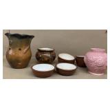 Pottery vase, brown terra-cotta cups