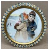 Boy and girl at ice skate rink vintage print