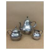 Pewter coffee , cream, and sugar