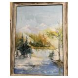 Painting of mountains, trees and stream on c