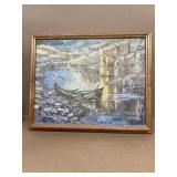 Seagulls boat painting on board signed POULIN