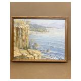 Painting on board of seagulls by ocean sign POULIN