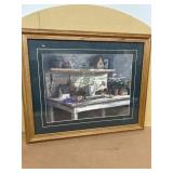 Frame print of bench with garden suppiles