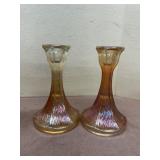 Marigold Carnival glass candlestick holders