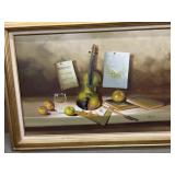Painting on canvas frame of violin, apples, and