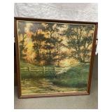 Large framed print of trees and creek