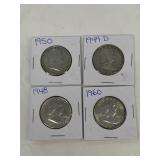 (4) Franklin silver half dollars, 1948 1949D 1