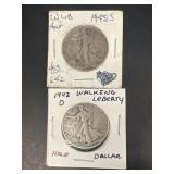 (2) silver walking liberty half dollars, 1942 a