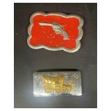 Gun and stagecoach belt buckles