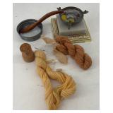 Zinc lid, yarn samples, wooden spoon