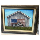 Painting of motorcycle by barn on canvas