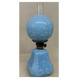 Blue Milk Glass "Queen" Pattern oil lamp