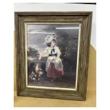 Early frame, print of girl feeding chickens