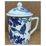 Japanese blue and white lidded mug with butterfly