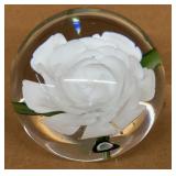 Vintage paperweight with white flower, hand-blown