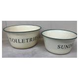 Enamel bowls, toiletries, and sundries